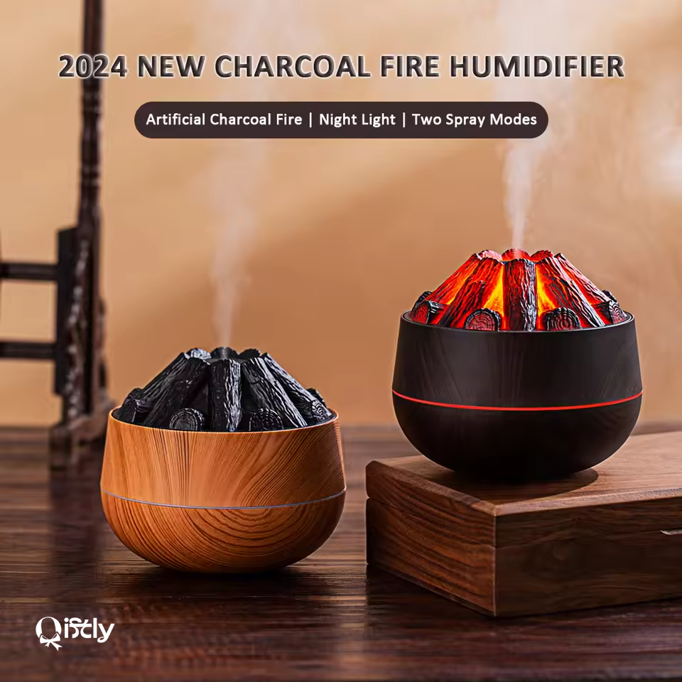 Charcoal Fire Humidifier & Aroma Diffuser – 300ML | USB Mist Sprayer | Home Decor Gift Item in Doha Qatar | Mini Air Purifier with LED Night Light