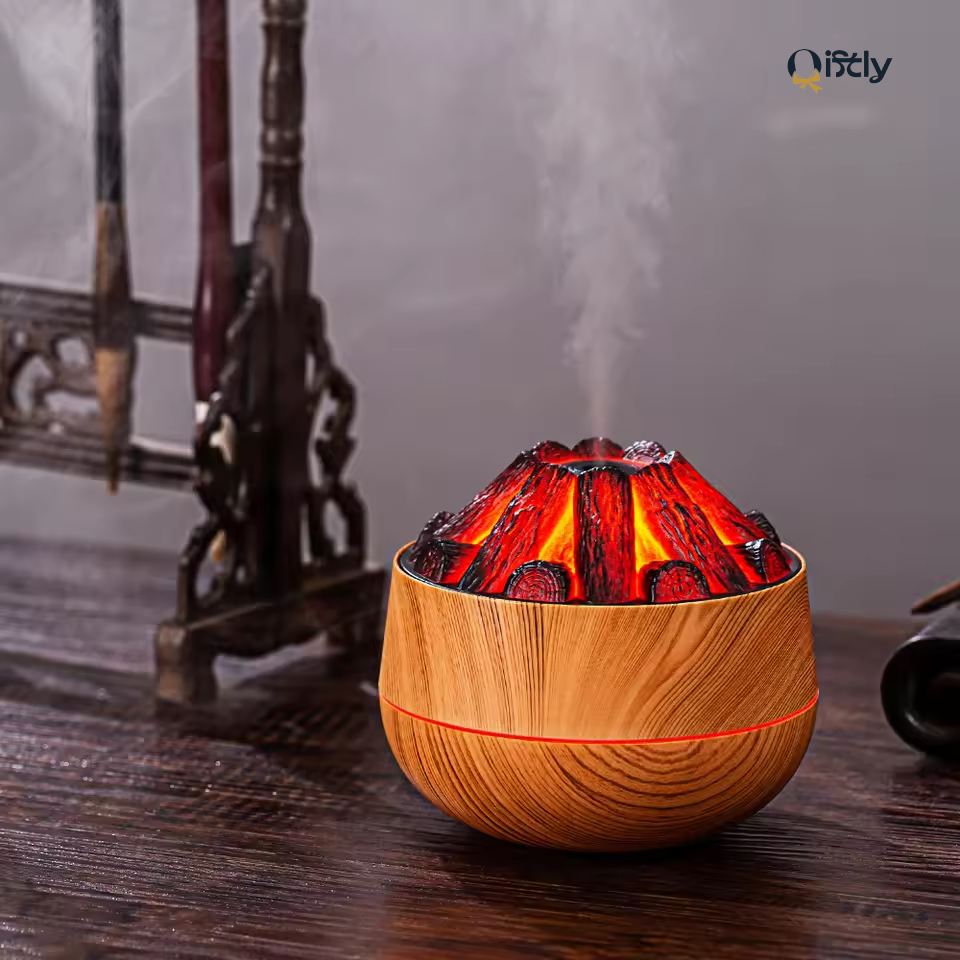 Charcoal Fire Humidifier & Aroma Diffuser – 300ML | USB Mist Sprayer | Home Decor Gift Item in Doha Qatar | Mini Air Purifier with LED Night Light
