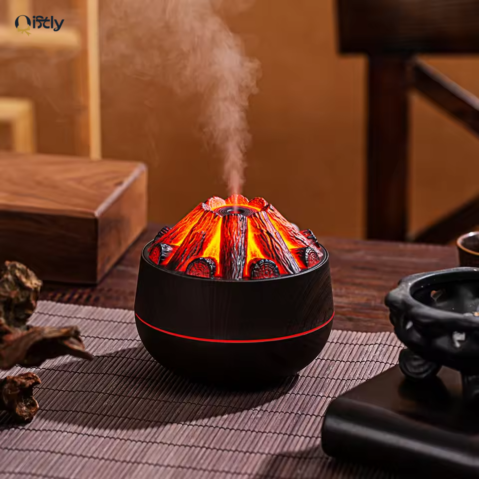 Charcoal Fire Humidifier & Aroma Diffuser – 300ML | USB Mist Sprayer | Home Decor Gift Item in Doha Qatar | Mini Air Purifier with LED Night Light