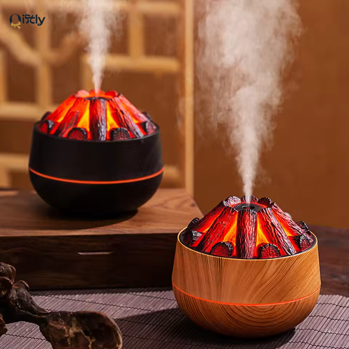 Charcoal Fire Humidifier & Aroma Diffuser – 300ML | USB Mist Sprayer | Home Decor Gift Item in Doha Qatar | Mini Air Purifier with LED Night Light